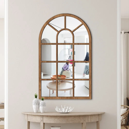 Arched wooden window pane mirror