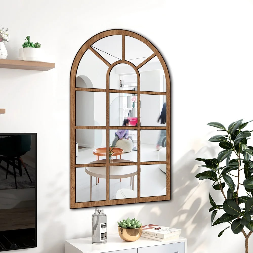 Arched wooden window pane mirror