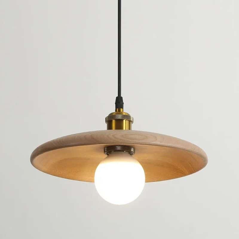 Round pendant light with arched natural wood and bamboo ribs
