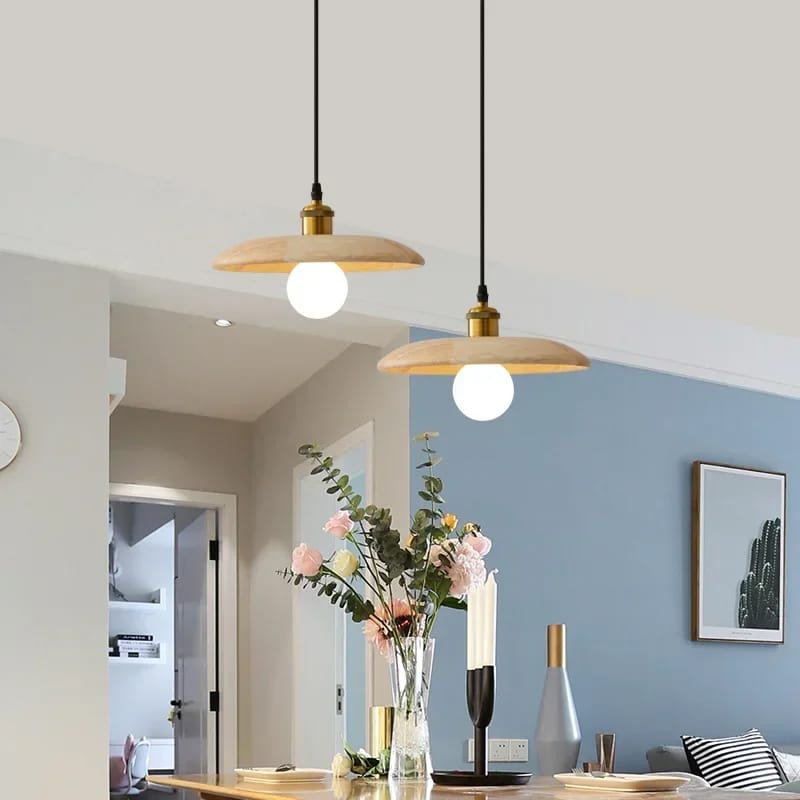 Round pendant light with arched natural wood and bamboo ribs