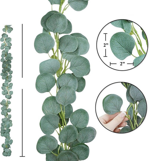 Artificial eucalyptus garland with sage green leaves and small white flowers