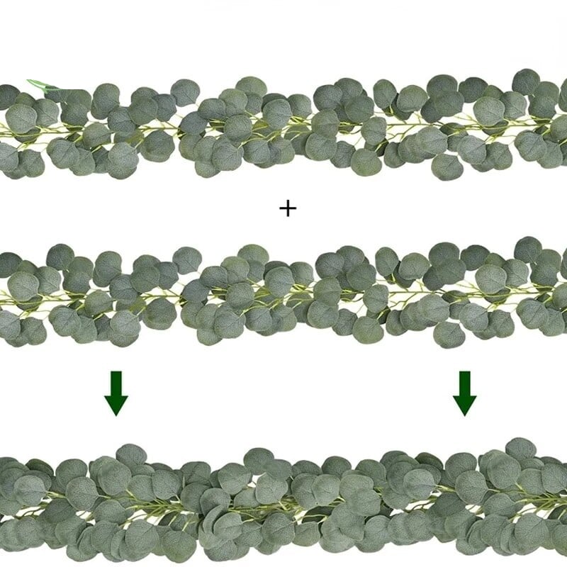 Artificial eucalyptus garland with sage green leaves and small white flowers