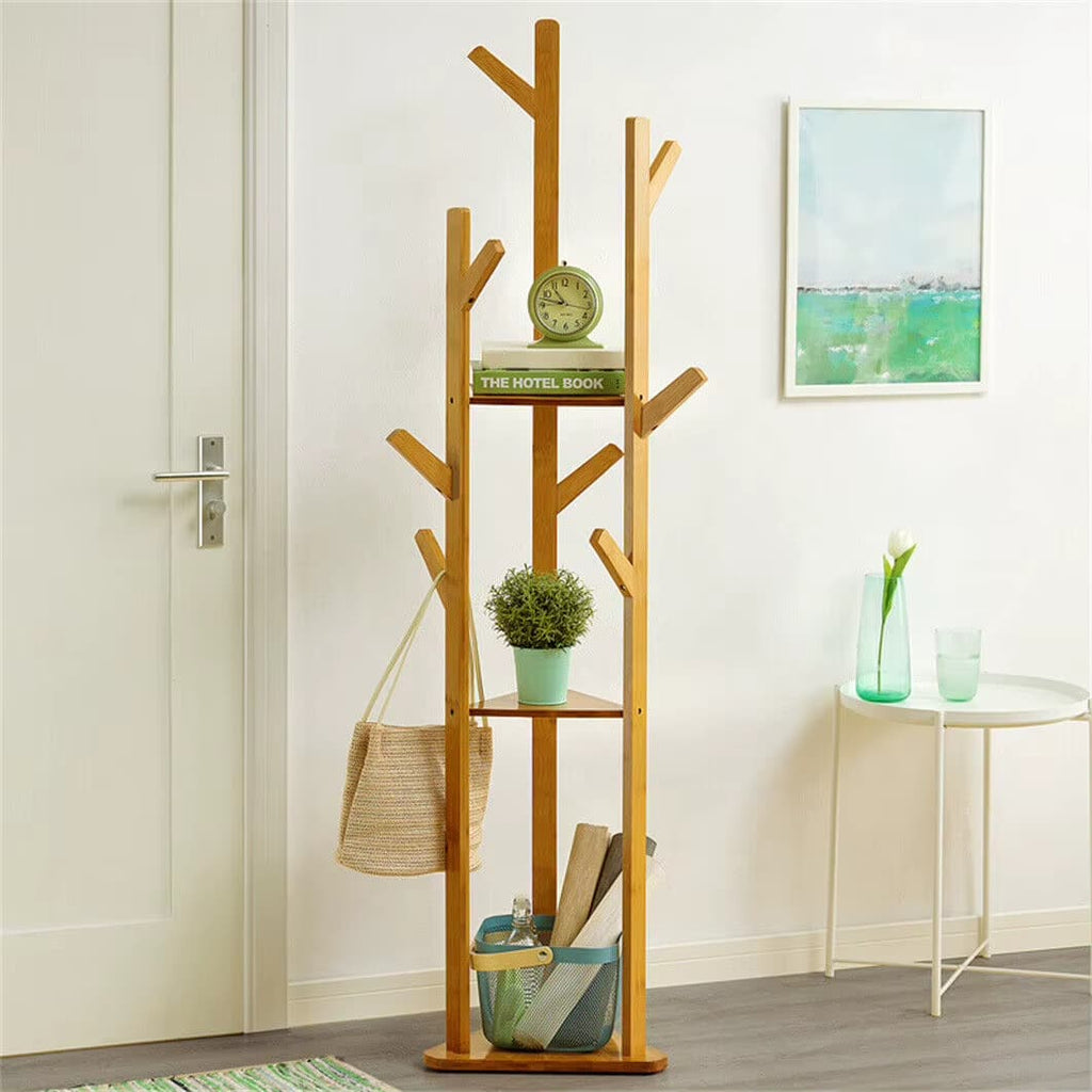 Tall freestanding bamboo coat stand on a three legged base