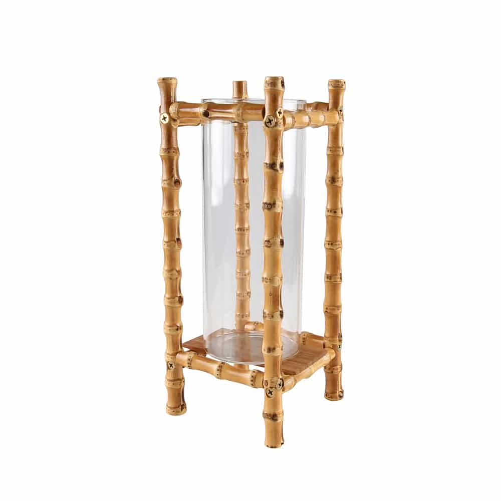 Glass cylinder held in a four post bamboo frame