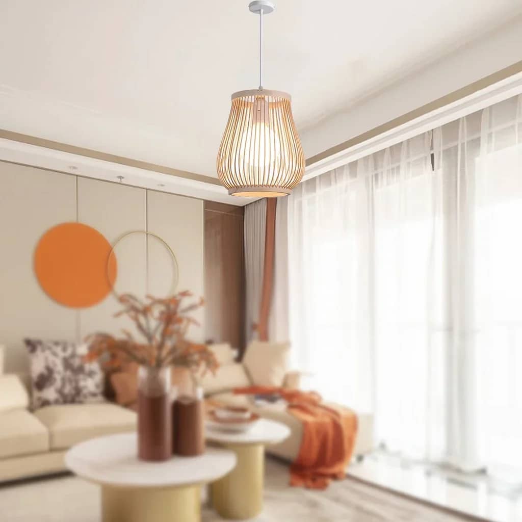 Handwoven bamboo lantern pendant light glowing warm