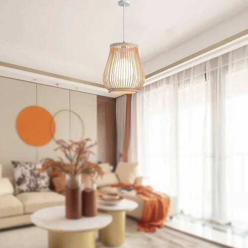 Handwoven bamboo lantern pendant light glowing warm