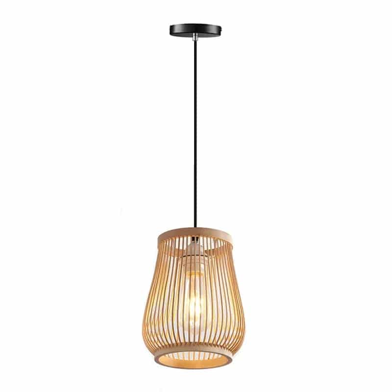 Handwoven bamboo lantern pendant light glowing warm