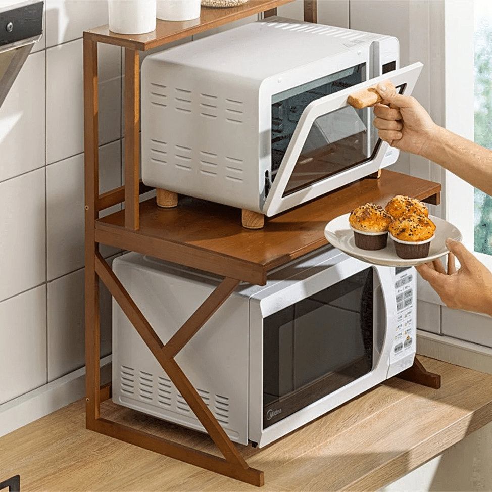 Bamboo microwave shelf with storage compartments underneath