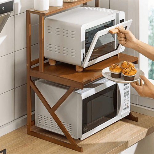 Bamboo microwave shelf with storage compartments underneath