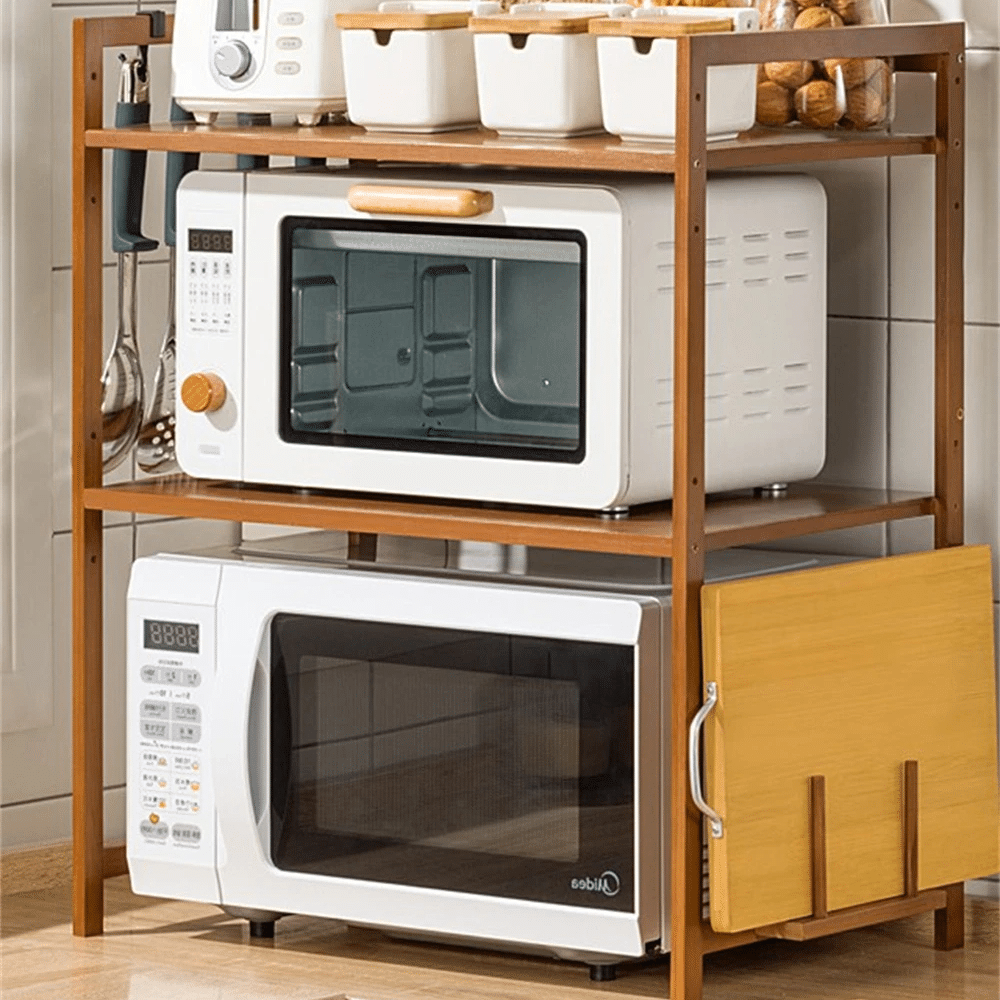 Bamboo microwave shelf with storage compartments underneath