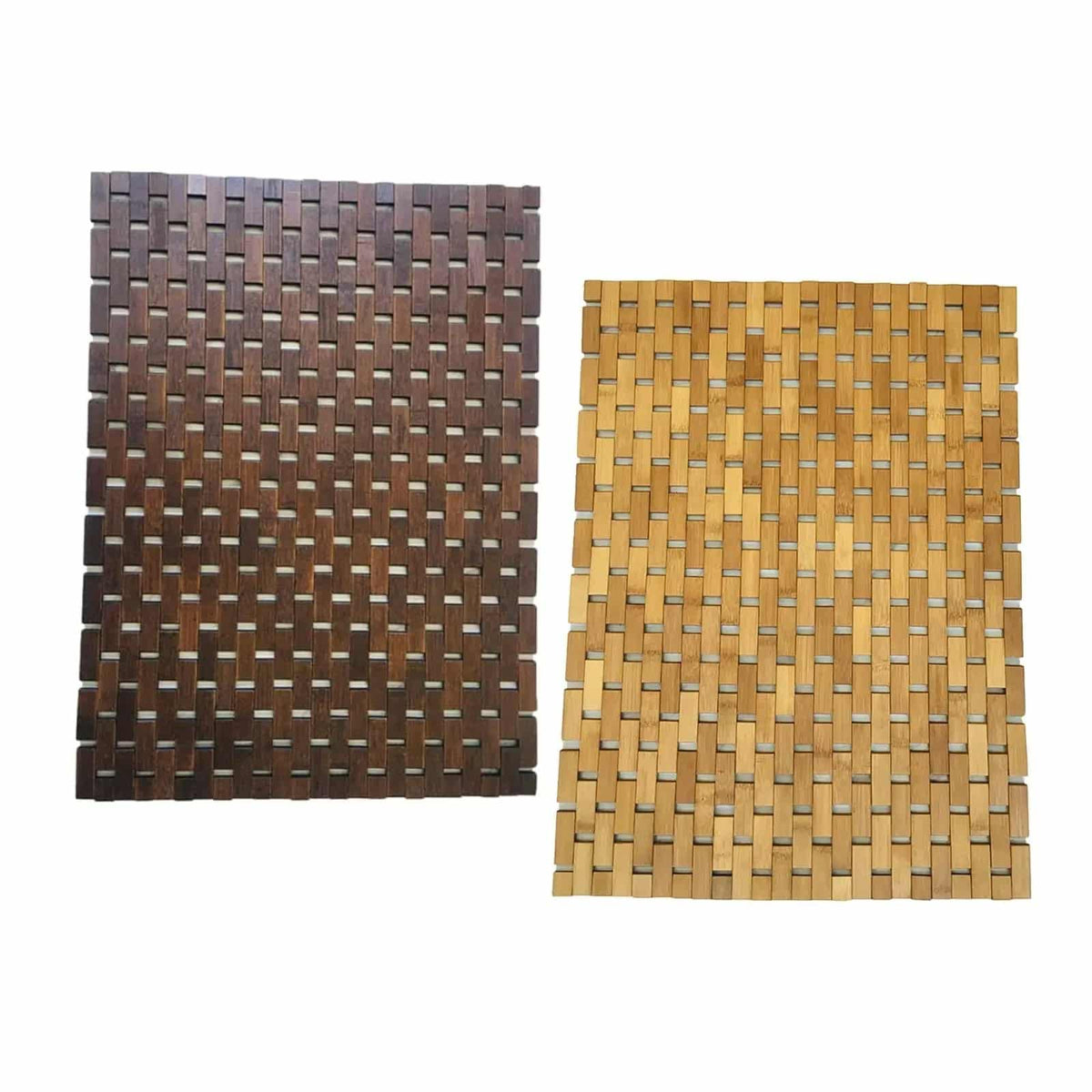 Dark bamboo mosaic bath mat in a white marble bathroom