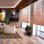 Warm brown bamboo venetian blinds with tilting slats in a living room