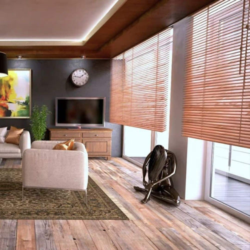 Warm brown bamboo venetian blinds with tilting slats in a living room
