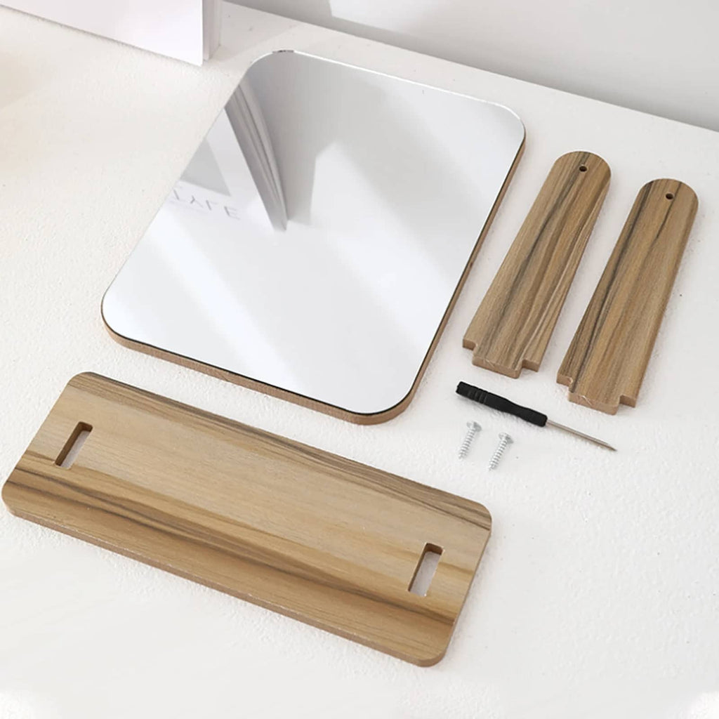 Rectangular bamboo vanity mirror tilting on a tray base
