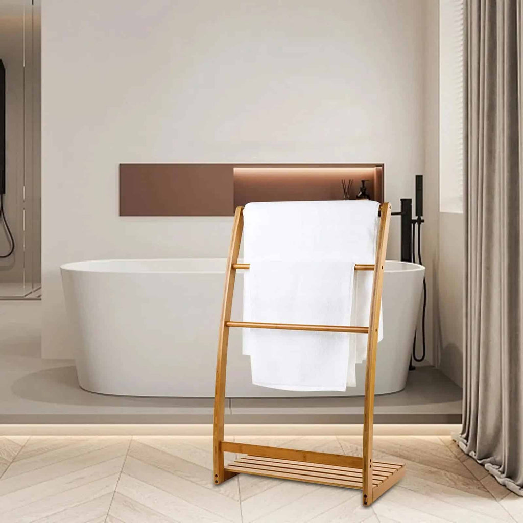 Freestanding bamboo towel ladder with regular rungs