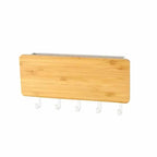 Bamboo wall key holder with a small shelf and five white hooks