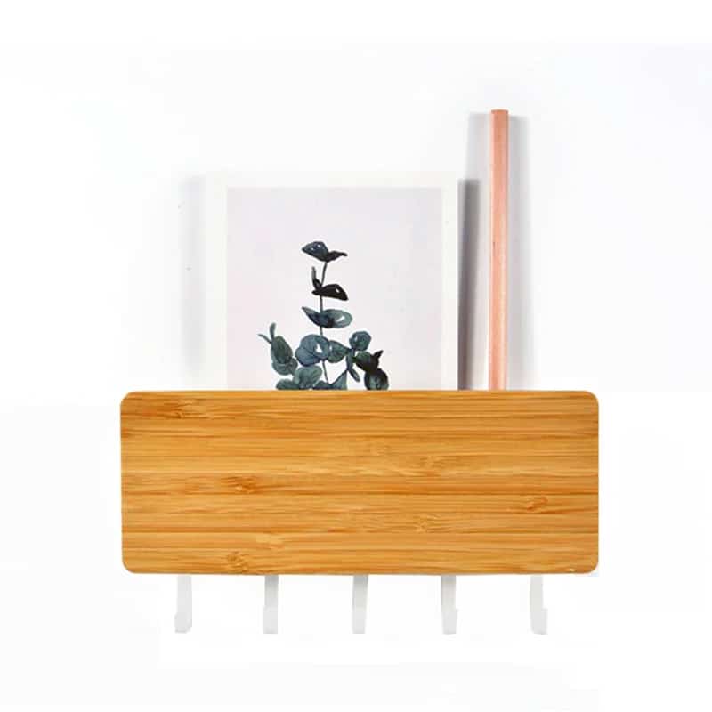 Bamboo wall key holder with a small shelf and five white hooks