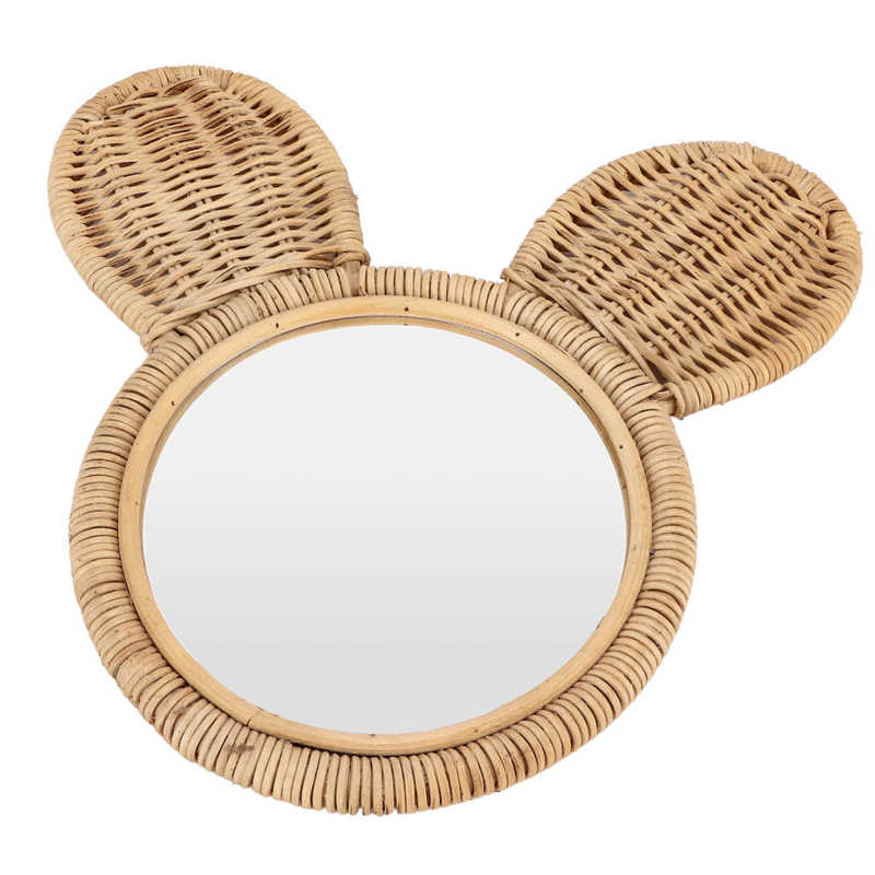 Round rattan mirror with woven bear ears