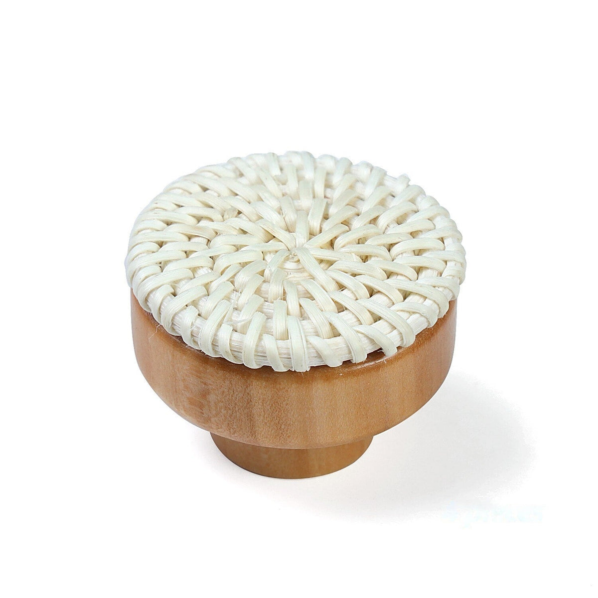 Set of beech wood knobs wrapped in white woven rattan