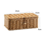 Stacked beige lidded woven storage boxes