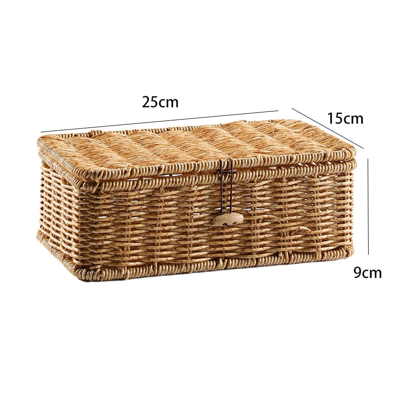 Stacked beige lidded woven storage boxes