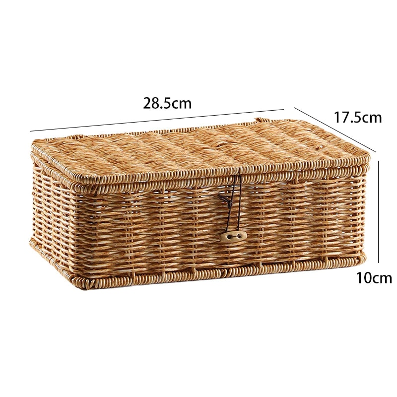 Stacked beige lidded woven storage boxes