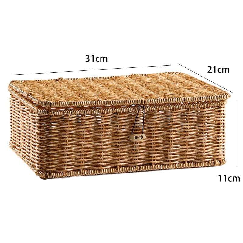 Stacked beige lidded woven storage boxes