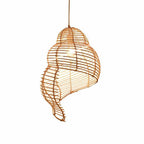 Beige open weave rattan pendant shaped like a conch seashell