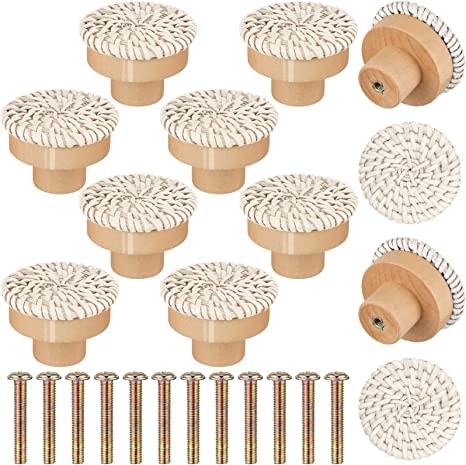 Round beige furniture knob with rattan woven around a wooden core