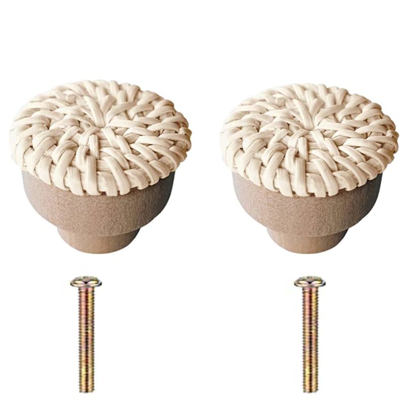 Round beige furniture knob with rattan woven around a wooden core
