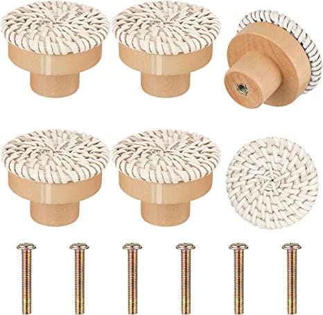 Round beige furniture knob with rattan woven around a wooden core