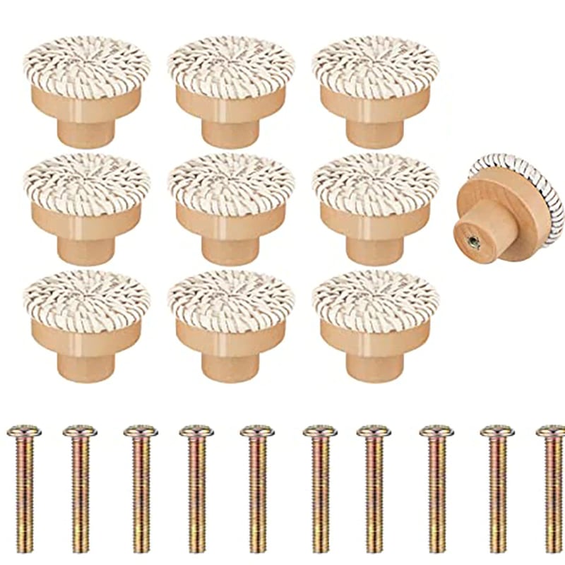 Round beige furniture knob with rattan woven around a wooden core