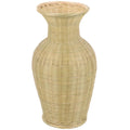 Beige woven bamboo vase with curved body and flared neck