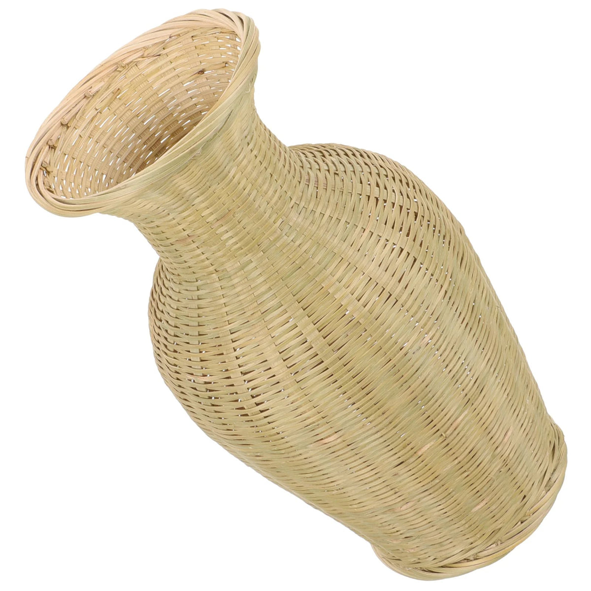 Beige woven bamboo vase with curved body and flared neck
