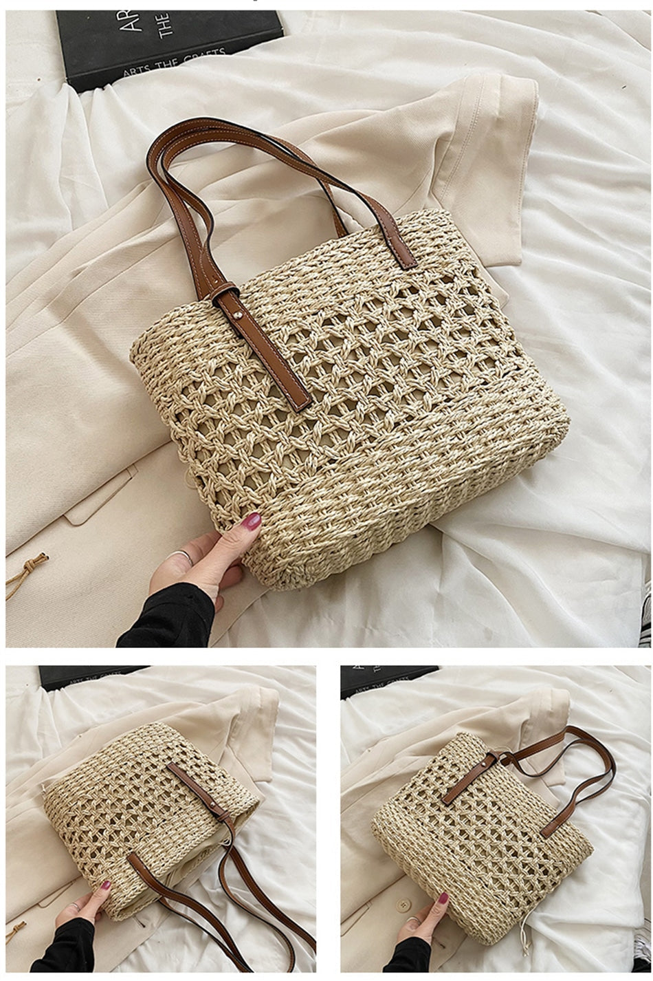 Rounded beige woven straw beach handbag with an adjustable strap
