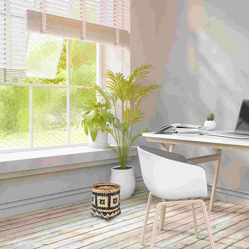 Cylinder bamboo wastebasket with black geometric woven patterns