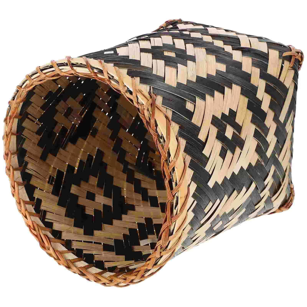 Cylinder bamboo wastebasket with black geometric woven patterns