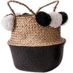 Black and natural belly basket with black and white pom poms