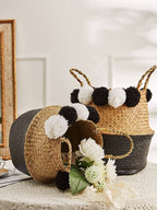 Black and natural belly basket with black and white pom poms
