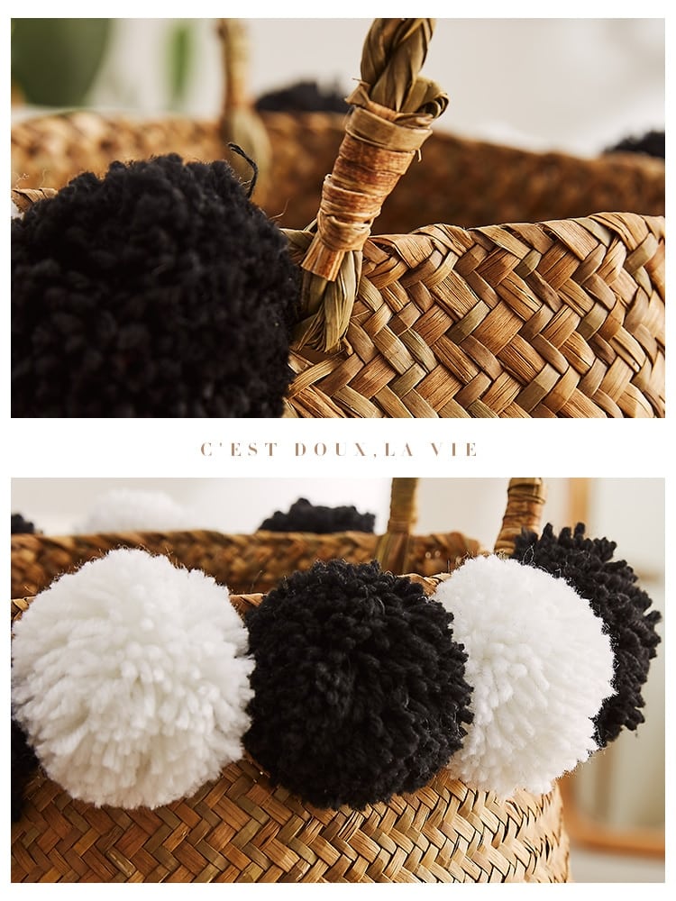 Black and natural belly basket with black and white pom poms