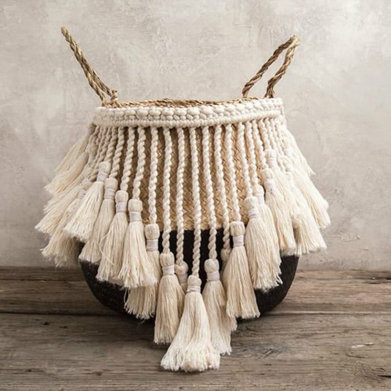 Black and natural belly basket with a fringe of white tassels