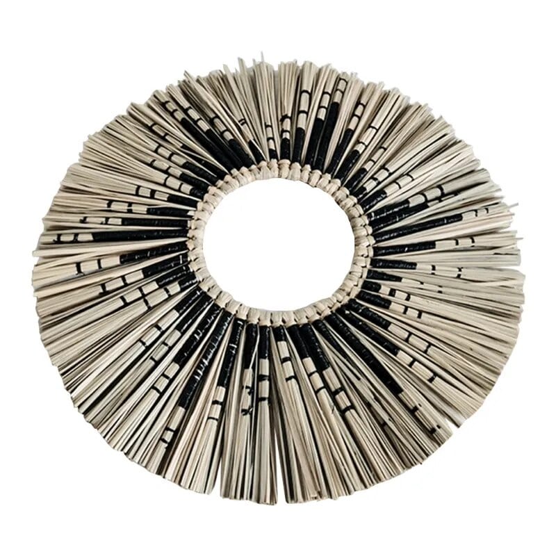 Round sunburst mirror with black and natural straw rays