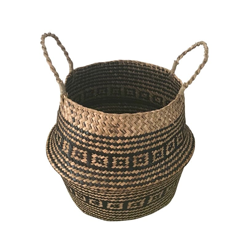 Woven belly basket with black geometric pattern and handles