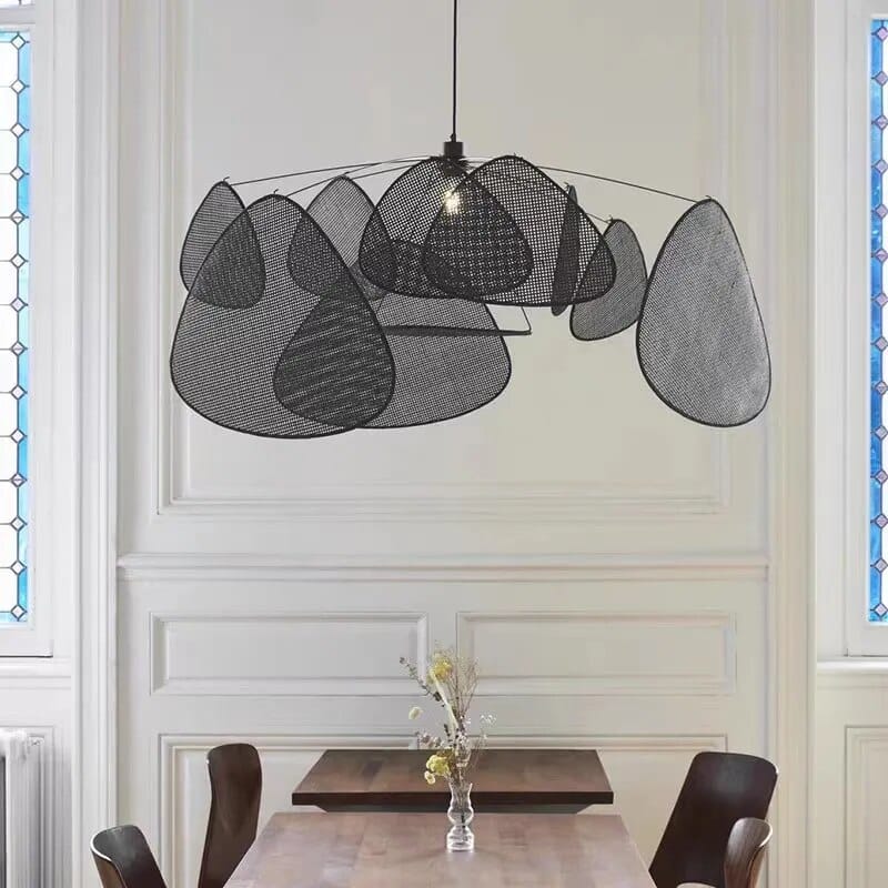 Large black hand woven rattan pendant light with leaf shaped arms