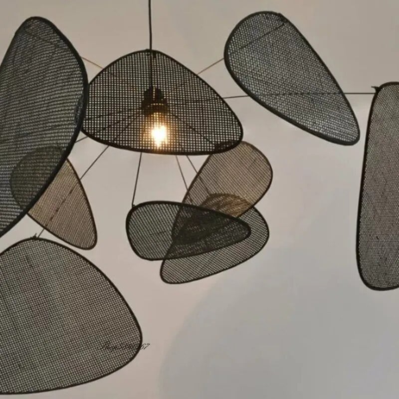 Large black hand woven rattan pendant light with leaf shaped arms