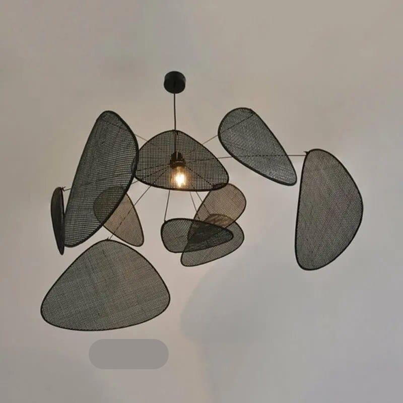 Large black hand woven rattan pendant light with leaf shaped arms