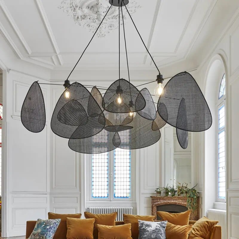 Large black hand woven rattan pendant light with leaf shaped arms