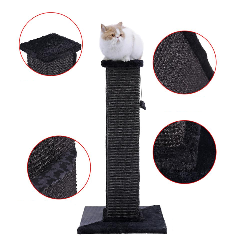 Tall black scratching post with plush top perch, pompom toy and square base