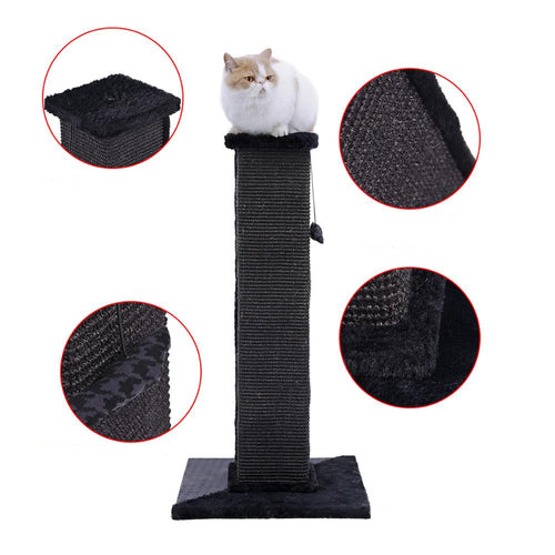 Tall black scratching post with plush top perch, pompom toy and square base