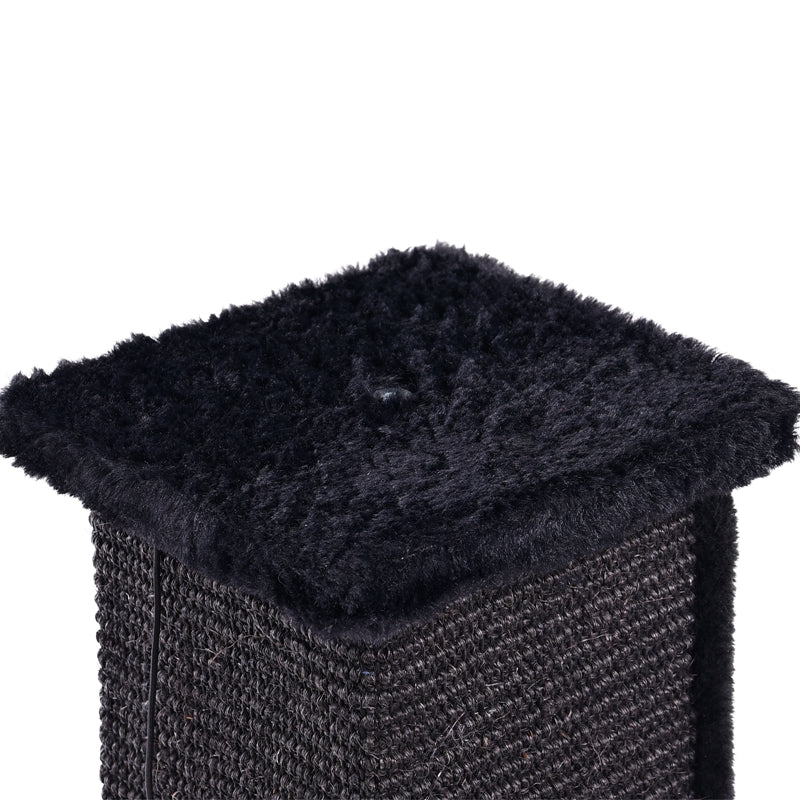 Tall black scratching post with plush top perch, pompom toy and square base